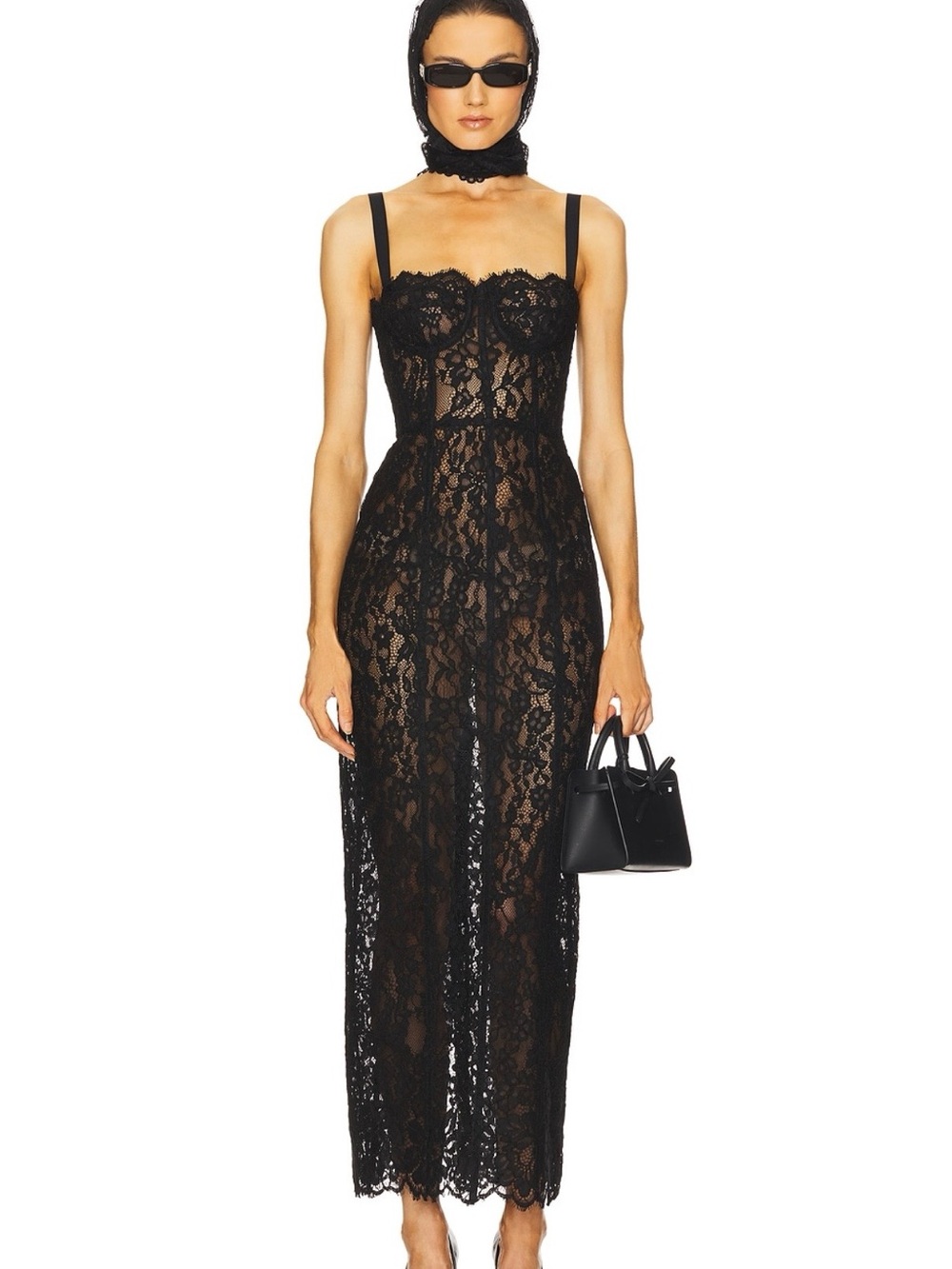Black Lace Maxi column Dress with Sheer Corset Bodice